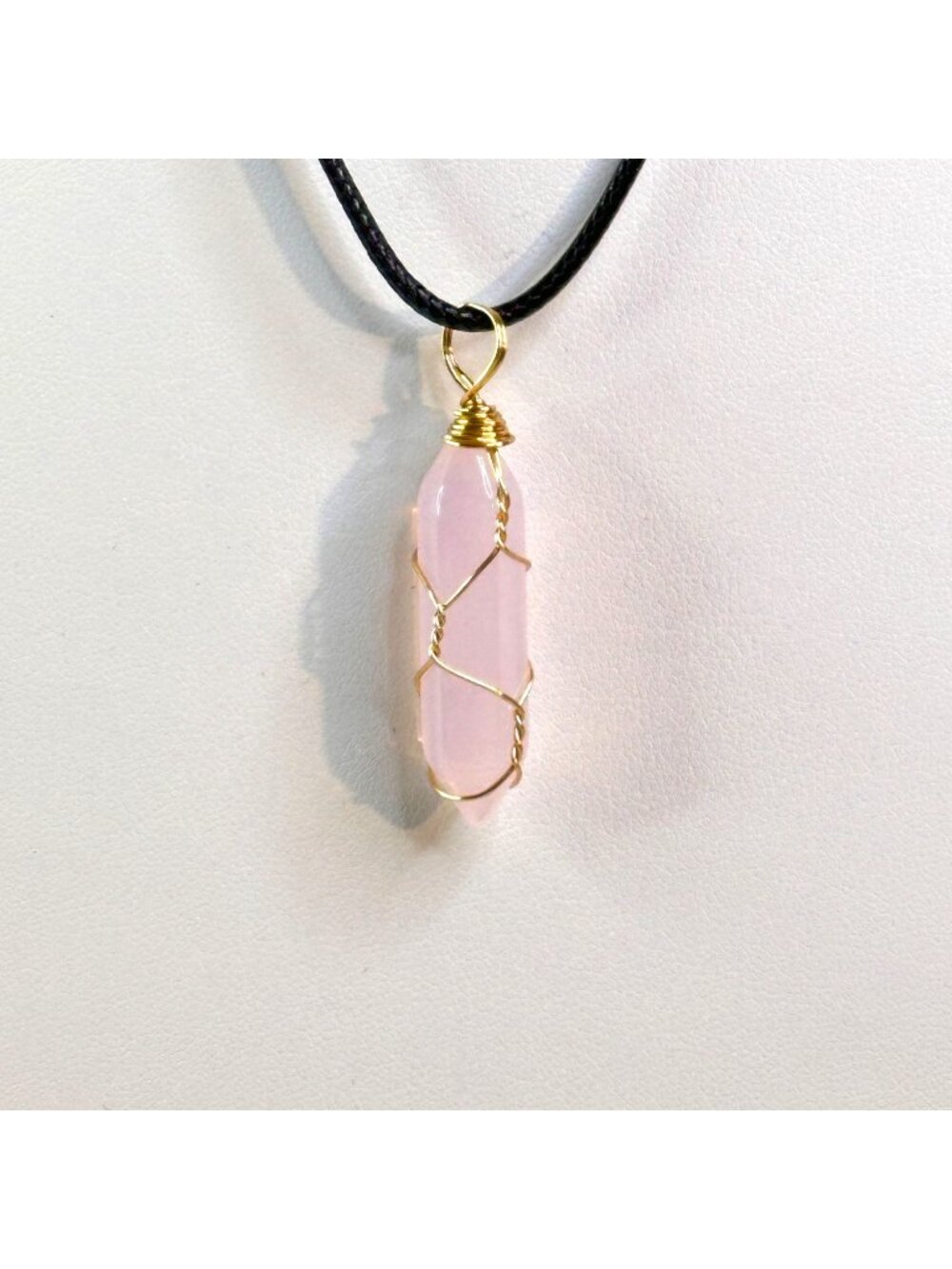 Rose Quartz Crystal Pendant Necklace With Black Cord & Adjustable Chain